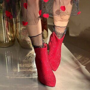 New True Red Pointed Toe Rhinestone Embellished Ankle Boot Booties 3" Block Heel